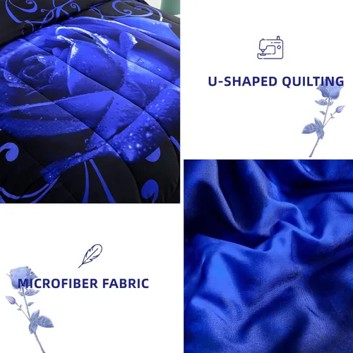 Miniatura 7 de WONGS BEDDING - Juego de edredón azul tamaño Queen de 7 piezas, juego de ropa de cama en una bolsa con patrón de rosas, juegos de ropa de cama