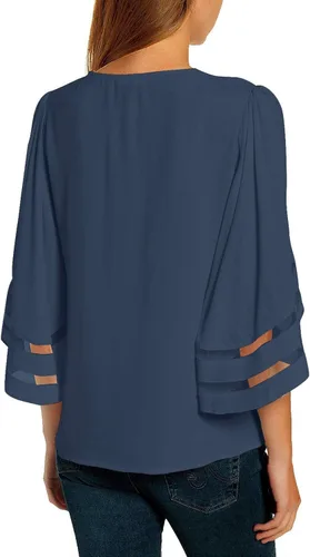 Miniatura 2 de LookbookStore - Blusa para mujer con paneles de malla, cuello en V, manga acampanada de 34 y corte holgado