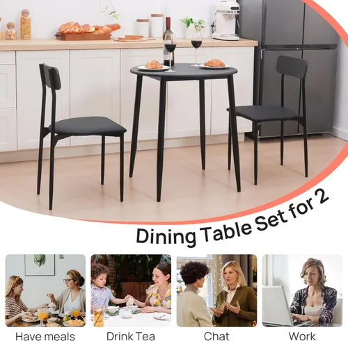 Miniatura 2 de Juego de mesa de comedor redonda para 2, mesa de cocina Samill de 3 piezas con marco de metal fuerte, comedor moderno con sillas para espacios Negro