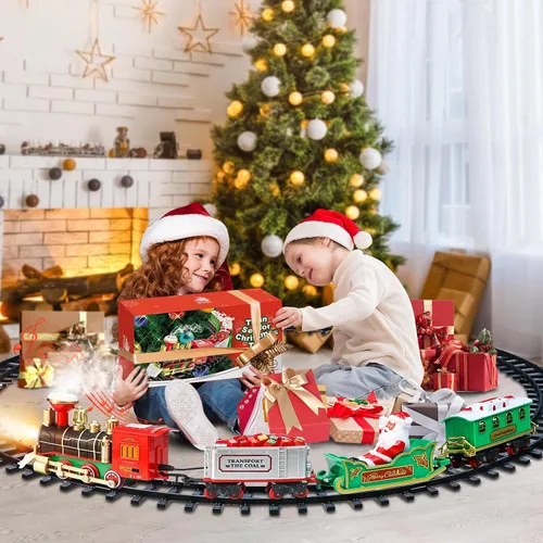 Miniatura 7 de Juego de tren de Navidad – Juguetes de tren colgante alrededor/debajo del árbol de Navidad con humo, silbato (encender/apagar) y luces, decoración