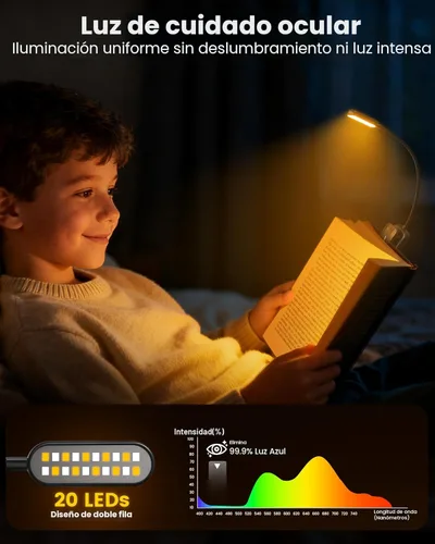 Miniatura 2 de Glocusent Luz de libro de 20 LED para leer en la cama, luz de lectura para el cuidado de los ojos, 5 colores y 5 brillos de 3 a 100 lm regulables
