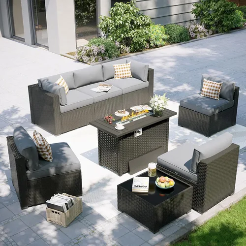 Miniatura 27 de Aoxun Juego de muebles de patio, 7 piezas de sofás seccionales para exteriores con funda impermeable, mimbre de ratán para exteriores, juego