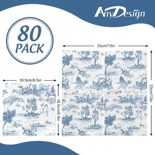 Miniatura 2 de AnyDesign 80 servilletas de papel azul y blanco clásicas con estampado de pueblo francés, servilletas desechables rústicas decorativas para cena