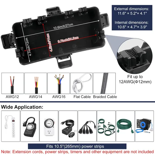 Miniatura 5 de Caja eléctrica mediana para exteriores (11.6 x 5.2 x 4.1 pulgadas), cubierta de cable de extensión impermeable IP54 con entrada de 6 cables, caja