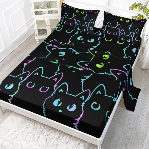 Miniatura 24 de Axolotl Juego de sábanas de gato negro de dibujos animados tamaño full, diseño de estrellas y luna impreso, ropa de cama para niños para decoración