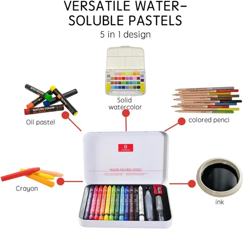 Miniatura 5 de iCrayon 12 colores pasteles solubles en agua, juego de pasteles de acuarela para principiantes y aficionados, incluye sacapuntas, paleta y pincel