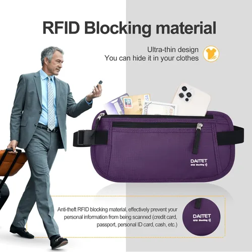 Miniatura 26 de DAITET Cinturón de dinero, soporte para pasaporte, cartera de viaje oculta segura con bloqueo RFID, riñonera encubierta (negro), Negro, Rfid
