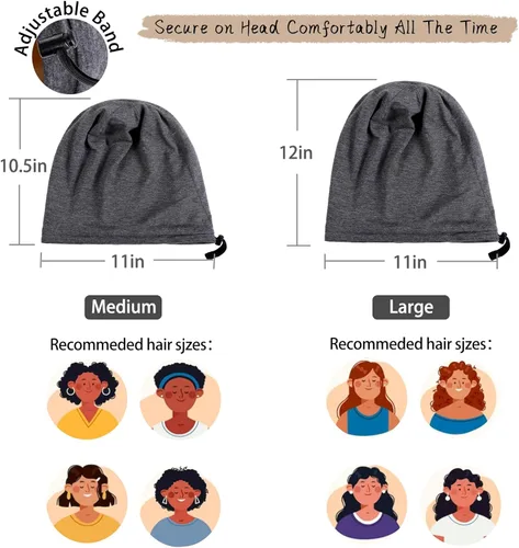 Miniatura 5 de 2 Pcs Adjustable Silk Hair Bonnet for Sleeping, Satin Lined Sleep Cap for Women and Men, Silk Hair Wrap Slouch Beanie. Negro y verde (mediano)