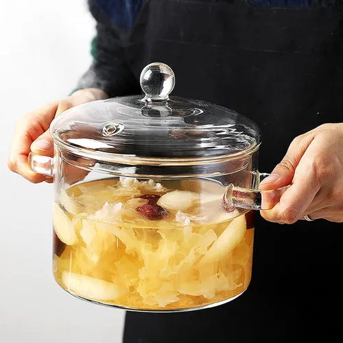 Miniatura 9 de Olla de vidrio transparente para estufa, sartén de doble asa con tapa para fideos de pasta, sopa, leche, preparación de alimentos para bebés o Ámbar