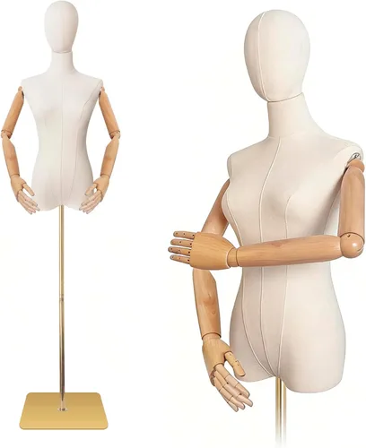 Maniquí de tela de lino femenino con cabeza desmontable, dos manos de madera y soporte de exhibición de metal ajustable en altura