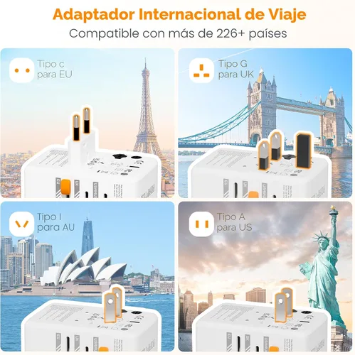 Miniatura 2 de TESSAN Adaptador de viaje universal, adaptador de enchufe internacional GaN de 65 W con 4 puertos de carga USB (2 USB C), toma de corriente mundial