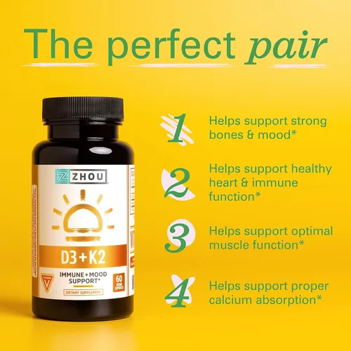 Miniatura 3 de Zhou D3+K2 - Suplemento de vitamina D3 K2 para mujeres y hombres, suplementos de apoyo inmunológico Vit D3 y K2, fórmula vegetariana pura con 5000