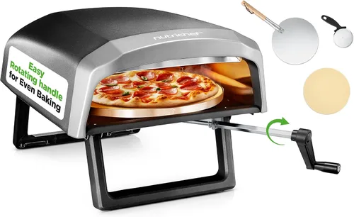 Horno de Pizza para Exteriores NutriChef - Piedra de Pizza Giratoria Manual de 360° - Calor Ajustable - Incluye Pala de Pizza, Cortador de Pizza,