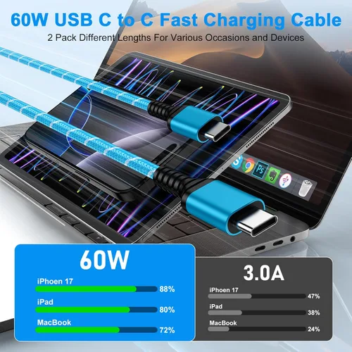 Miniatura 2 de Cable de carga rápida para iPhone 17e para iPhone 17 Pro Max 17 Pro 17 Air 16e 16 Pro Max/Plus/Pro 15,60 W, paquete de 2 cables de carga de 10 pies