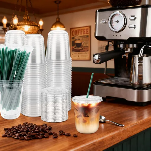 Miniatura 2 de 50 vasos de plástico transparente de 12 onzas con tapas y pajitas verde oscuro, fondo redondo desechables para llevar tazas de café helado, tazas
