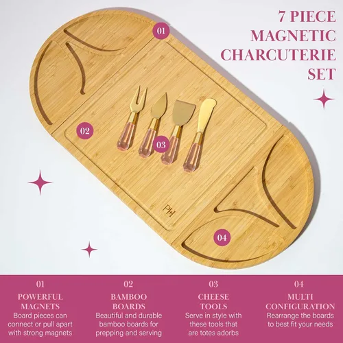 Miniatura 7 de Juego de tabla para embutidos y bandeja de servir Paris Hilton, tabla de bambú magnética y personalizable con utensilios para queso, set de 7