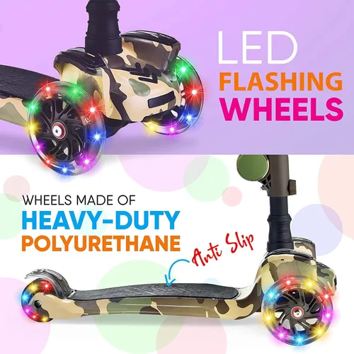 Miniatura 4 de Hurtle Patinete de 3 ruedas para niños, luces LED de ruedas, manubrio ajustable de inclinación para dirigir y asiento plegable, paseo sentado