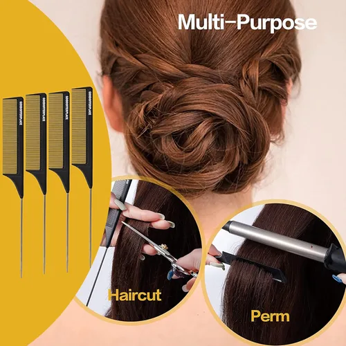Miniatura 5 de 4 peines de cola de rata, peines de cola de rata, peine de dientes finos con púa de metal para cabello rizado, peines desenredantes para mujeres