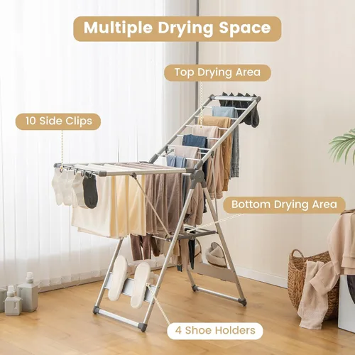Miniatura 4 de Tangkula Estante de secado de ropa plegable, estante de secado de aluminio de 2 capas que ahorra espacio con alas ajustables, estante de secado
