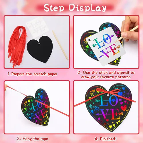Miniatura 3 de JULMELON Manualidades de San Valentín para niños, 48 piezas de tarjetas de San Valentín para niños, arte de rascar en forma de corazón, arco iris
