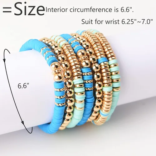 Miniatura 2 de Pulseras de cuentas de arcilla estilo heishi surfista para mujer, con discos de vinilo y dije de mal de ojo, apilables, pulseras elásticas