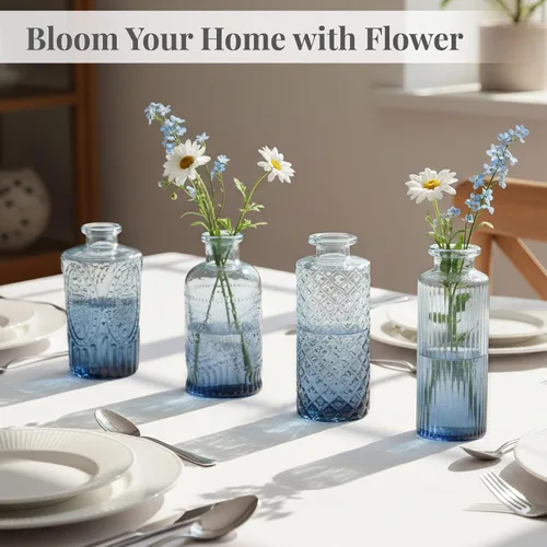 Miniatura 9 de Paquete de 12 jarrones de flores azules BEAHOT para decoración de boda, jarrón de cristal para decoración de mesa, jarrón pequeño para el hogar, día