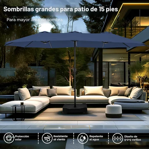 Miniatura 5 de Sombrilla para patio PHI VILLA de 15 pies, doble cara, para uso en exteriores, tamaño extra grande con manivela, base de sombrilla incluida (azul)