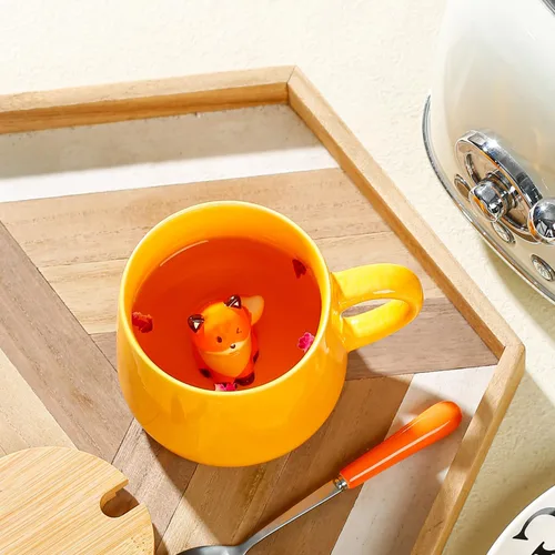 Miniatura 4 de BigNoseDeer Taza de café de cerámica Kawaii Fox con diseño de zorro 3D en el interior, con tapa y cuchara, regalos de cumpleaños, regalos lindos