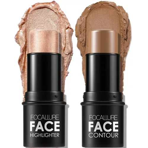 FOCALLURE 2 barras de contorno de crema mineral, iluminador hidratante y bronceador, lápiz antiadherente para iluminar la cara y sombras, larga