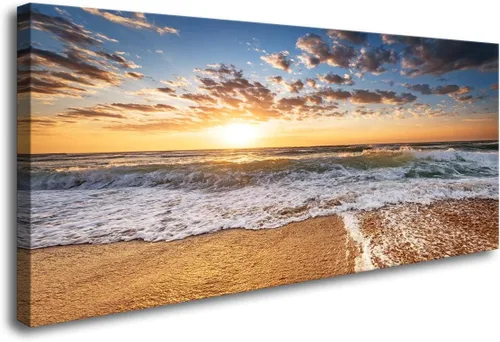 Jiuqinghua Lienzo decorativo grande para pared, diseño de amanecer sobre el mar, 1 panel, océano, playa, olas, paisaje, pintura, obra de arte para