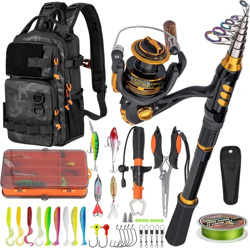 THKFISH Combo de caña de pescar y carrete con mochila, kit de carrete giratorio de caña de pescar telescópica con señuelos de pesca, alicates y Kit