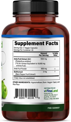 Miniatura 2 de FineLand Amla (grosella espinosa india) Extracto de espectro completo con BioPerine® para absorción, rico en vitamina C natural, apoyo inmunológico