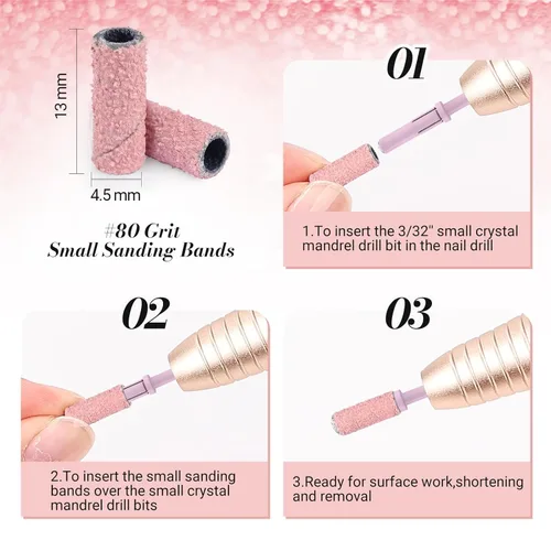Miniatura 6 de MelodySusie 50 piezas de brocas para lima de uñas pequeñas con bandas de lijado de 3.1mm, lima de uñas de grano 80 para uñas acrílicas, manicura