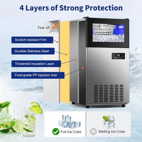 Miniatura 5 de Máquina de hielo comercial de 130 libras/24 horas, máquina de hielo mejorada de 15 pulgadas de ancho debajo del mostrador con capacidad de hielo