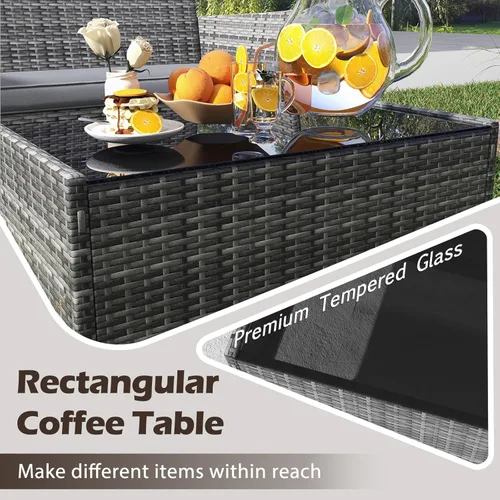 Miniatura 6 de RELAX4LIFE Juego de muebles de patio de 4 piezas – Juego de muebles de ratán para conversación al aire libre con cojines, mesa de centro de cristal