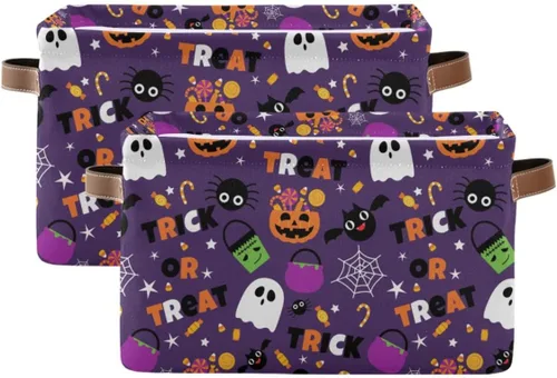 Miniatura 2 de Cesta de Almacenamiento Morada Happy Halloween Cestas de Tela para Cocina Calabaza Calavera Fantasma Murciélago Truco o Trato Contenedores Abiertos