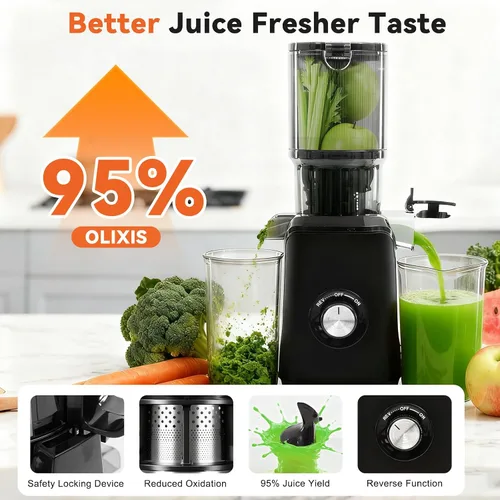 Miniatura 2 de OLIXIS Exprimidor de prensa en frío, máquinas exprimidoras con canal de alimentación ancho, alto rendimiento de jugo y fácil de limpiar