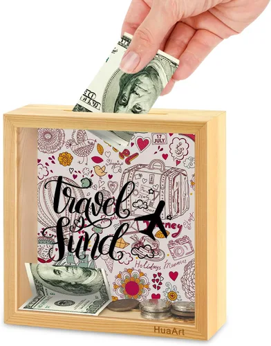 Miniatura 9 de Alcancía para niños, caja de madera más grande y segura para niños, caja de dinero de madera natural, impresa en la parte delantera de plexiglás