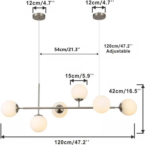 Miniatura 2 de KCO Lámpara colgante moderna de cristal de leche plateado de 6 luces, accesorio de lámpara colgante, candelabro, candelabro de níquel cepillado