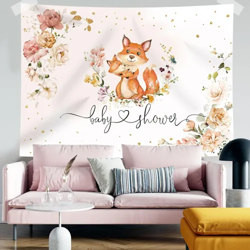 Miniatura 4 de Telón de fondo para baby shower de zorro para niñas, flores de fotografía con texto en inglés "It's a Girl", fondos de fotografía de animales