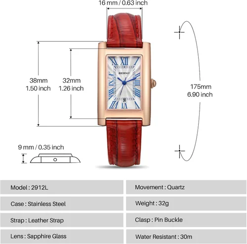 Miniatura 6 de BERNY Reloj rectangular de cuarzo con marcadores clásicos de números romanos para mujer, reloj de pulsera analógico casual con calendario de fecha