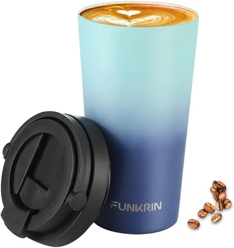 Miniatura 12 de Funkrin Taza de café aislada con revestimiento de cerámica, taza de café helado de 16 onzas con tapa abatible y asa, taza de viaje a prueba de fugas