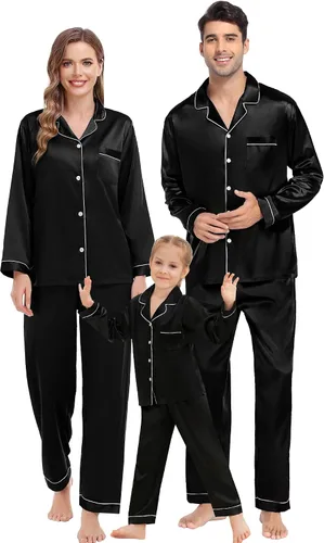Miniatura 2 de SWOMOG Conjunto de pijama familiar a juego de satén de seda con botones, ropa de dormir de manga larga, conjunto de 2 piezas