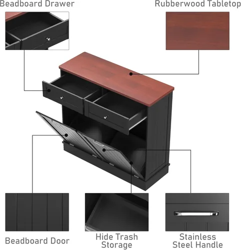 Miniatura 4 de Gabinete de Basura Inclinable, Isla de Cocina Estilo Antiguo con Tablero de Listones y Superficie de Madera Maciza y Cajón, Bote de Basura a Prueba