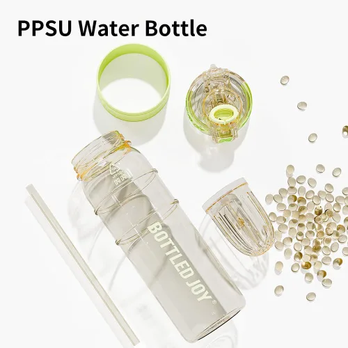 Miniatura 5 de BOTTLE JOY Botellas de agua de PPSU de 26 onzas con popote y correa, botella doble con boca para beber con succión y bebida, botella de agua Amarillo
