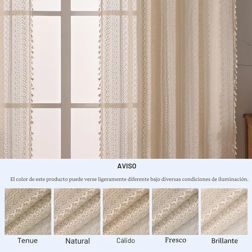 Miniatura 9 de WAZZIO Cortinas de Encaje, Cortina Boho de Crochet para Dormitorio, Cortinas de Café de Algodón, 45 Pulgadas de Largo, 2 Paneles con Bolsillo