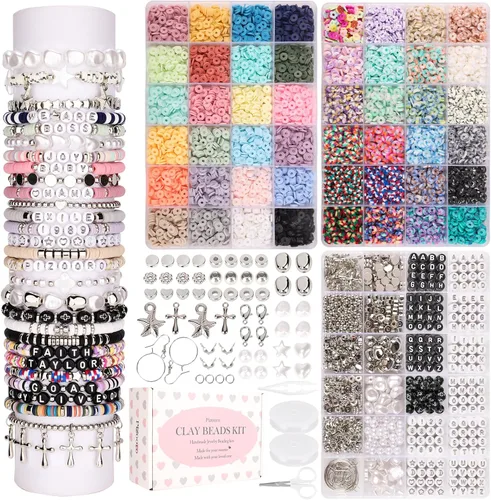 Miniatura 7 de Pizooro Juego de 3 cajas de cuentas de arcilla para hacer pulseras, 10500 piezas de cuentas para hacer joyas, cuentas redondas de letras con encanto