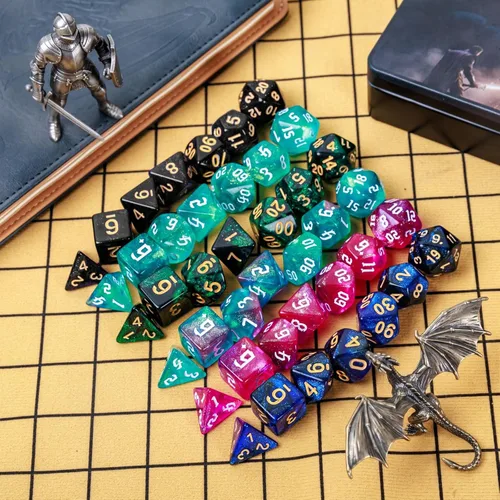 Miniatura 5 de DND - Juego de 42 dados poliédricos de Calabozos y Dragones para juegos de mesa D&D RPG MTG, dados a granel con coloridas bolsas de cordón y bandeja