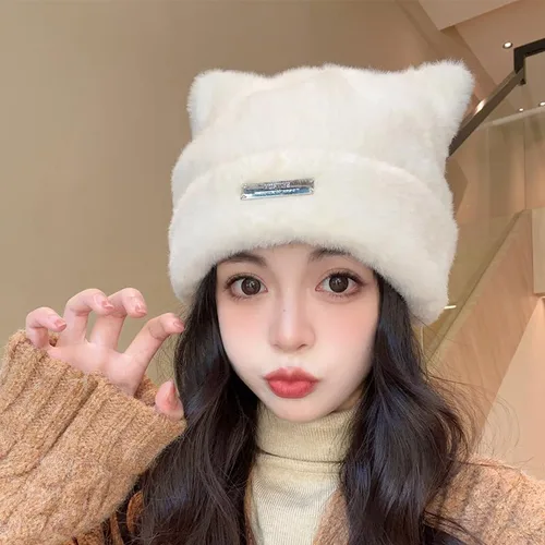 Miniatura 4 de Gorros de ganchillo con diseño de gato para mujer, lindos gorros de orejas de oso para mujer, gorros de invierno holgados con calavera Y2K