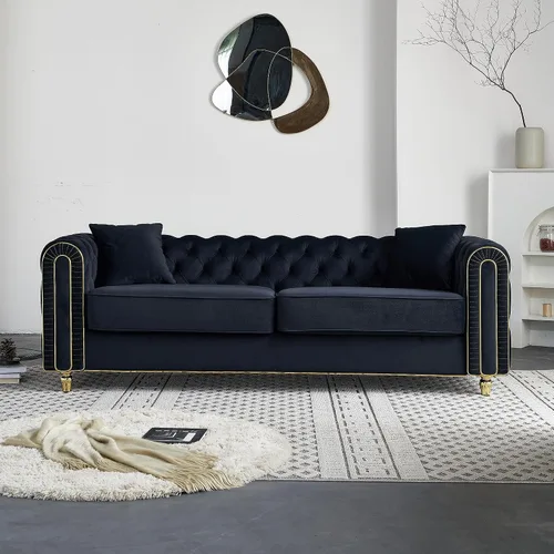 Miniatura 36 de KEIKI Sofá Chesterfield de terciopelo con botones capitoné de 87 pulgadas con cojines de espuma de alta densidad, moderno sofá de 3 plazas con Negro